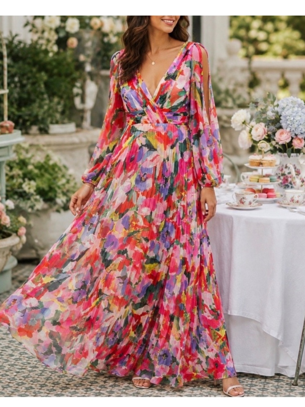 Betsy & Adam floral pleated chiffon multi color v neck maxi dress